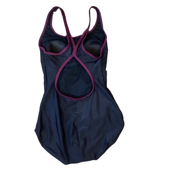 Speedo 1-Piece Swimsuit Keyhole Racerback Moderate Cut S/M Black & Purple 276F - Picture 3 of 13